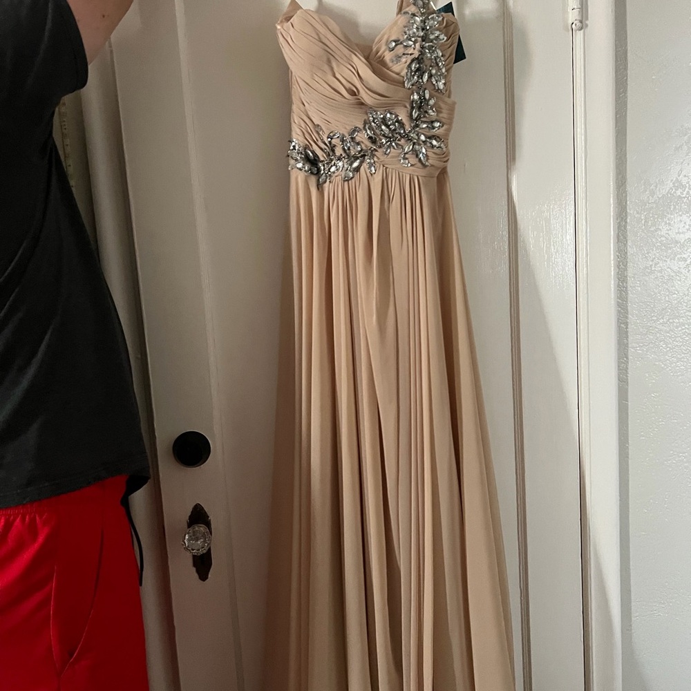 Elegant Beige One-Shoulder Dress with Silver Embellishments
